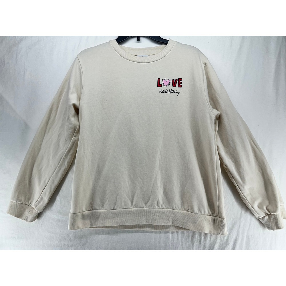 Keith‎ Haring Love Heart Graphic Sweatshirt Cream Pullover Fleece Womens Large